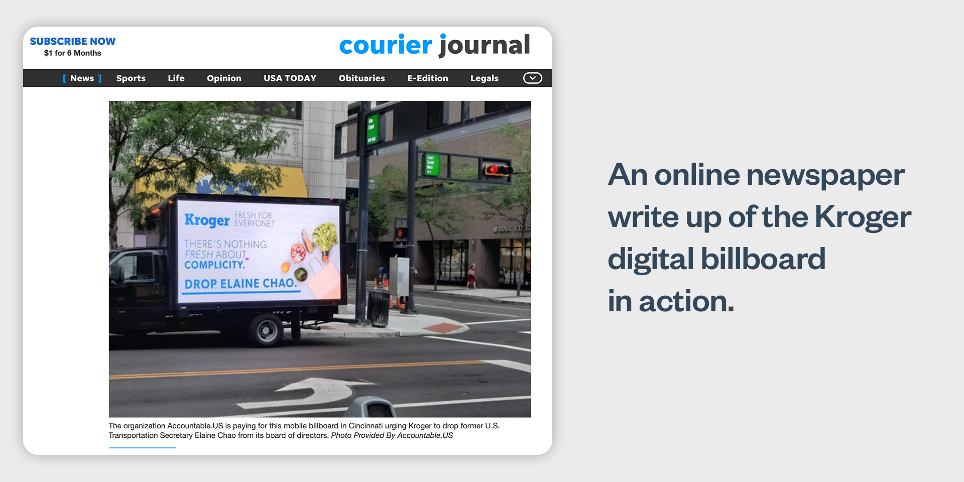 Explainer of the online newspaper coverage that features a photo of the digital billboard for Kroger to drop Elaine Chao.
