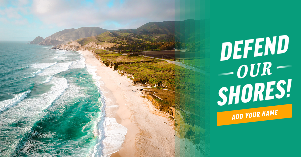 Facebook post urging to defend our shores. Image: A shoreline with color block and text at right. 
