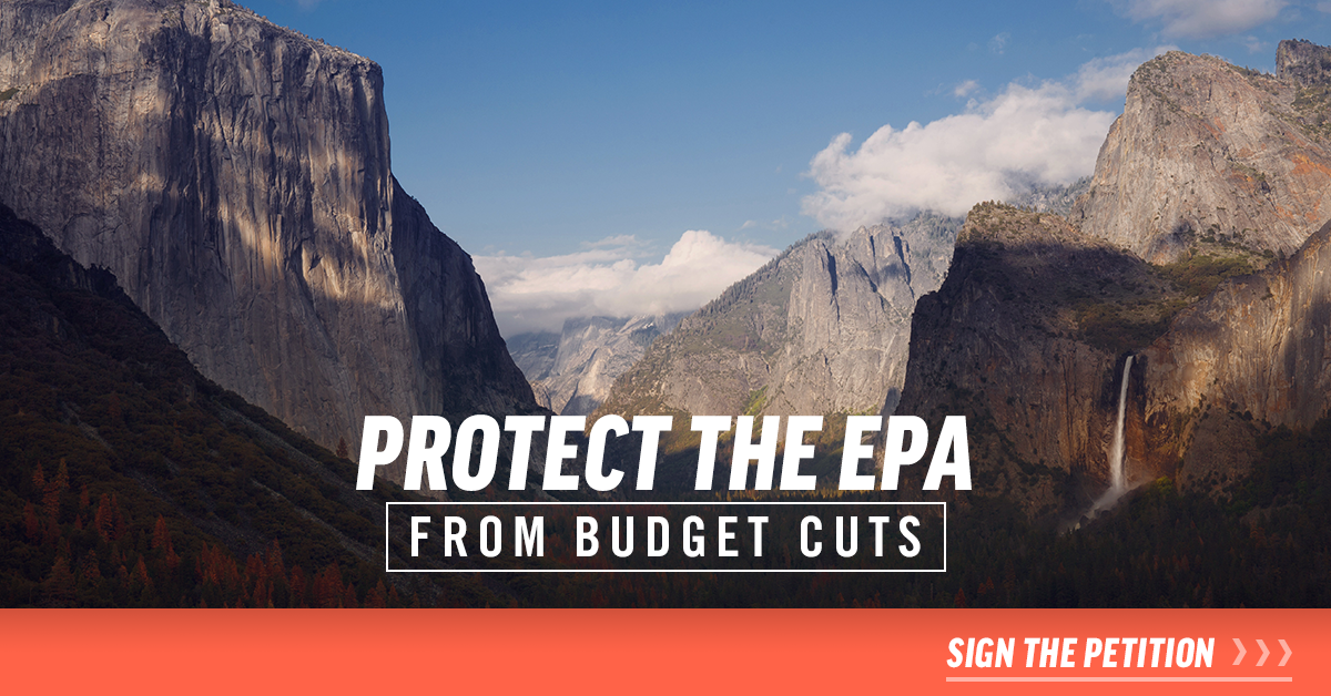 Facebook social ad urging to protect the EPA. Image: A national park with white text and bottom red CTA