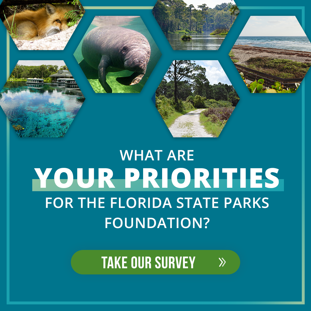 Facebook Social asking for the viewers priorities survey. A medley of FL animals and national parks are displayed in hexagons at the top.