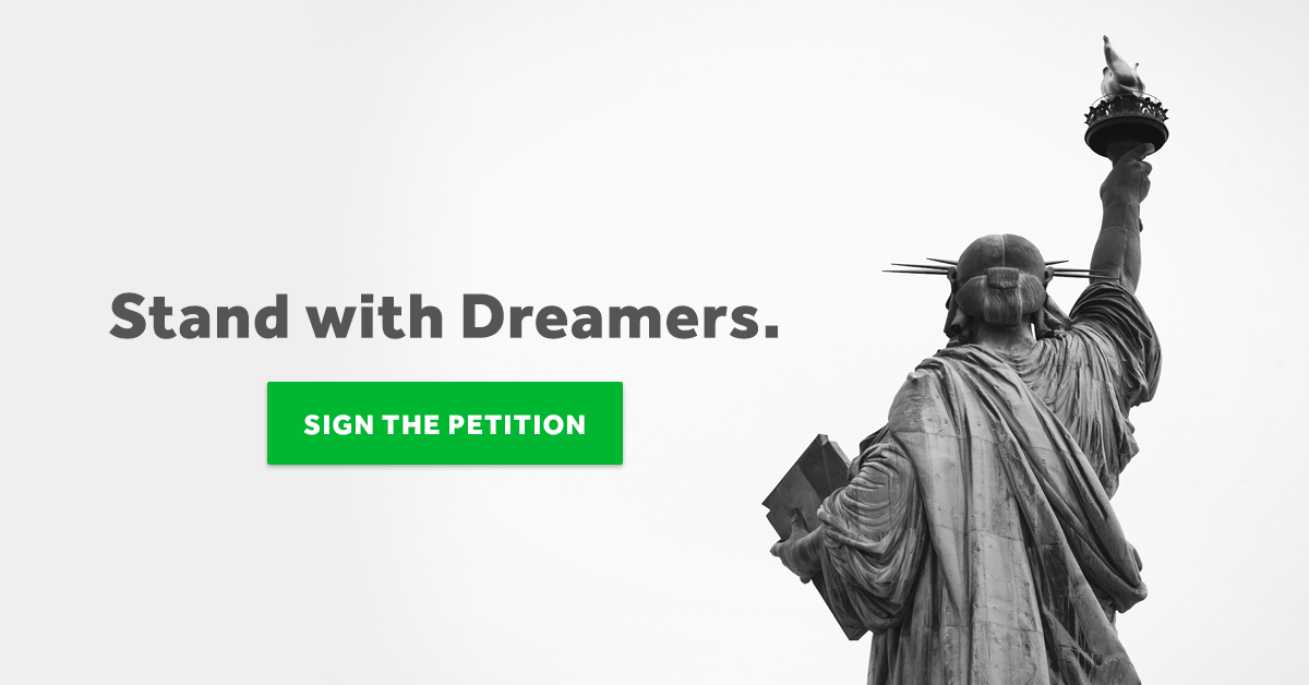 Facebook social graphic. Back view of Statue of Liberty text: Stand with Dreamers