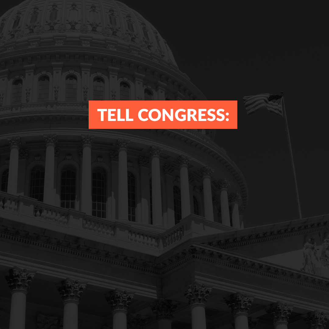 Animated FB GIF asking congress to pass the HEROES Act. Dark shadowy capitol contrasting with white text. 