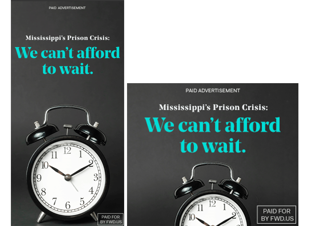 Two web banners with an image of an analog alarm clock on a dark background with the text We can't afford to wait in bright blue.
