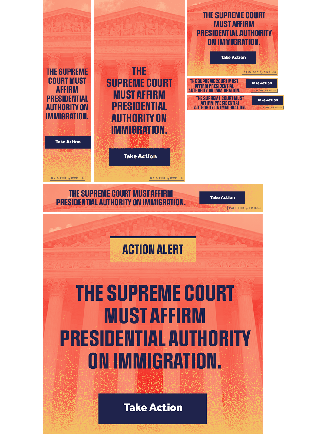 Web banner suite and Social graphic for FWDs Safe Not Stranded campaign. Faded Supreme Court image with orange red color overlay and gold dust at bottom. 