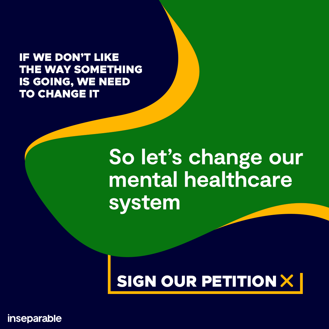 Amorphous color blob with words about changing mental healthcare system in white