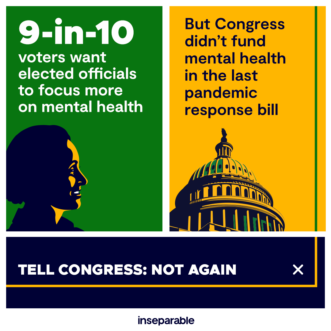 color blocked image of vector woman in profile and capitol dome with white text about disparity between voters and congress in regards to mental health