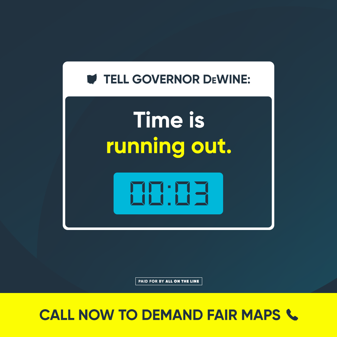 Animated countdown clock on dark navy background with Tell Gov DeWine Time is running out. Yellow call now bottom CTA banner.