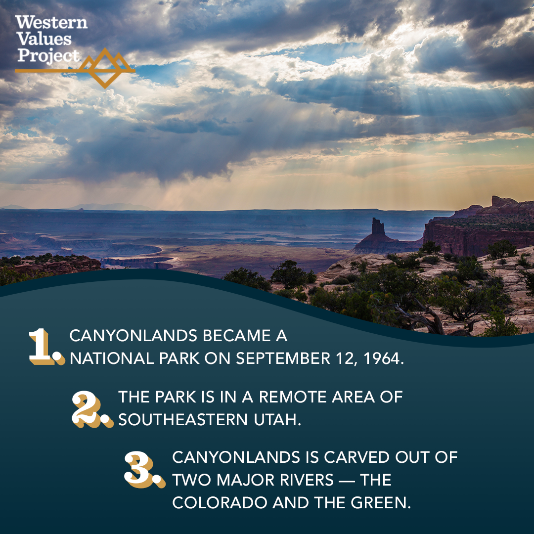 Infographic of three fun facts about Canyonlands Park with accompanying photo of the national park